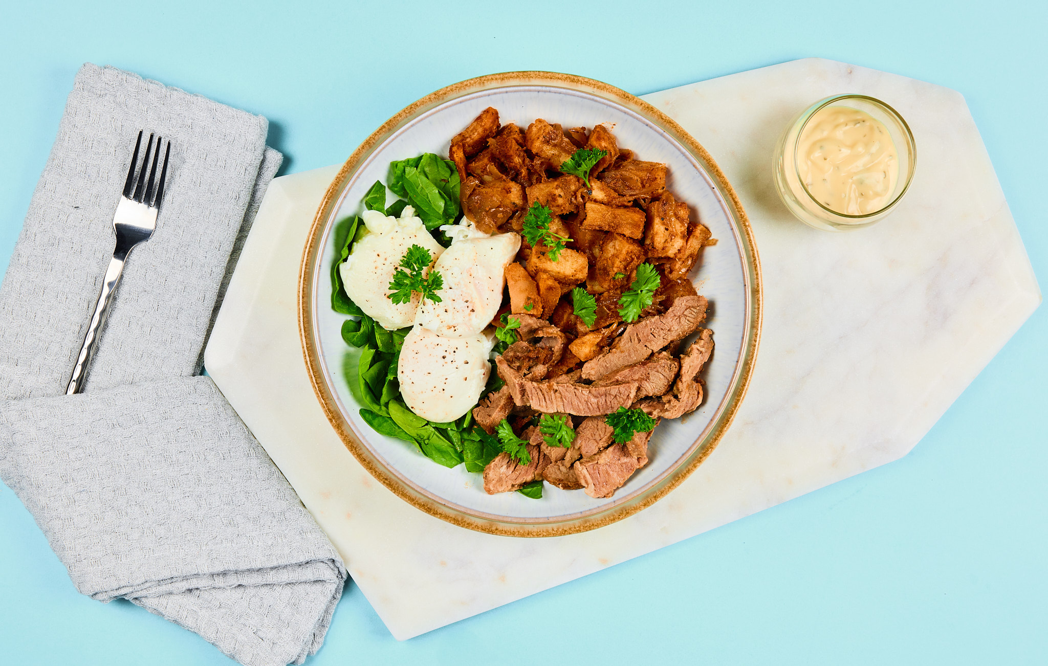 Steak and Eggs Benny with Breakfast Potatoes