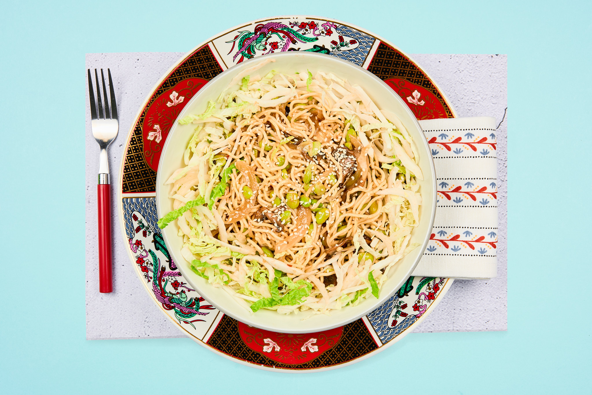 Honey Garlic Edamame Beans with Chili Sesame Egg Noodles