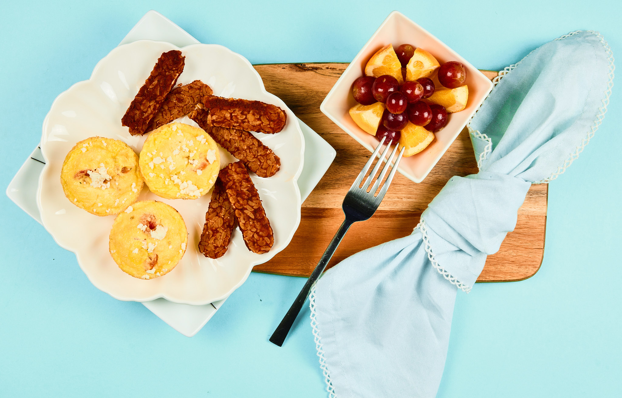 Vegetarian Tomato and Feta Egg Muffins with Smokey Tempeh Strips