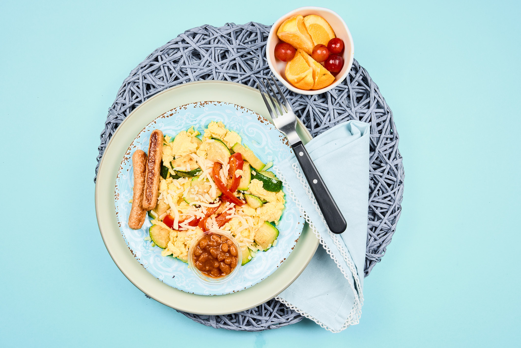 Turkey Sausage and Eggs Scramby with Baked Beans