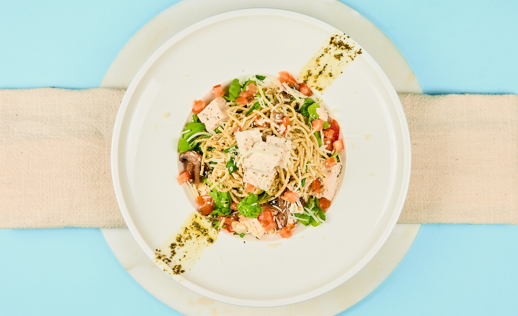 Pesto Spaghetti and Chicken with Artichokes and Mushrooms