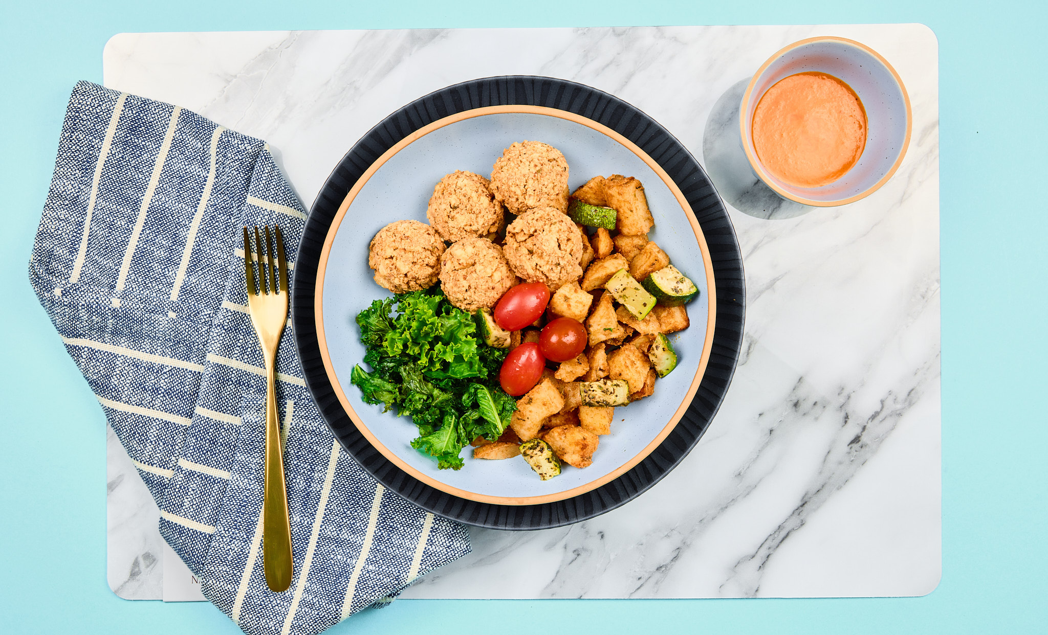 Cajun Tofu Balls with Smokey Roasted Red Pepper Sauce