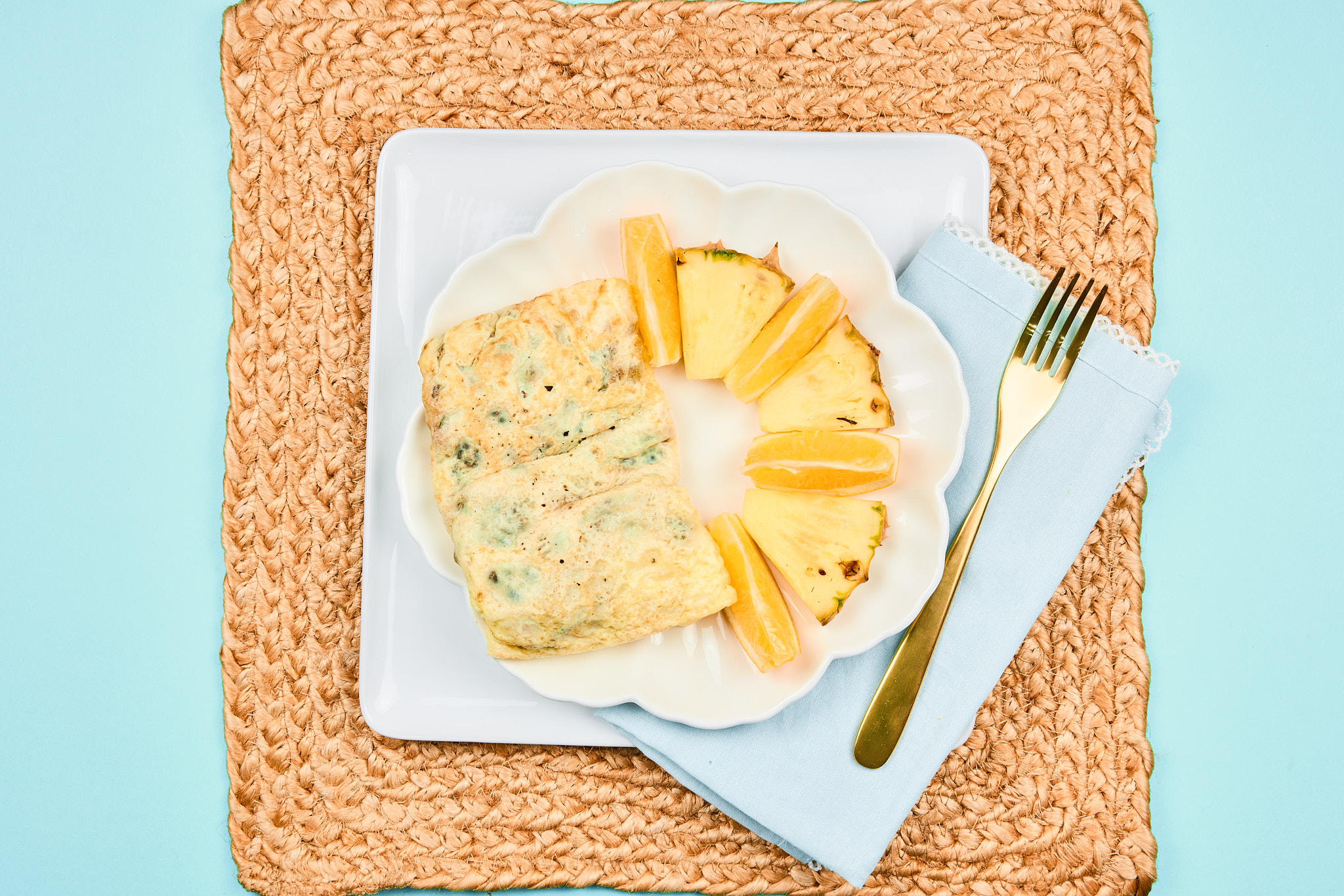 Onion, Mushroom and Sausage Omelette with Fresh Fruit