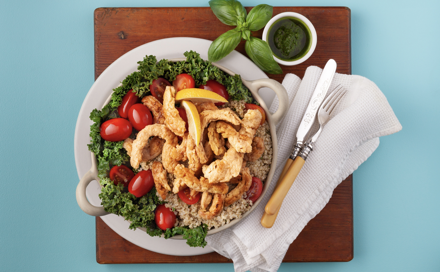 Pesto Soy Curls Bowl On Lemon Quinoa