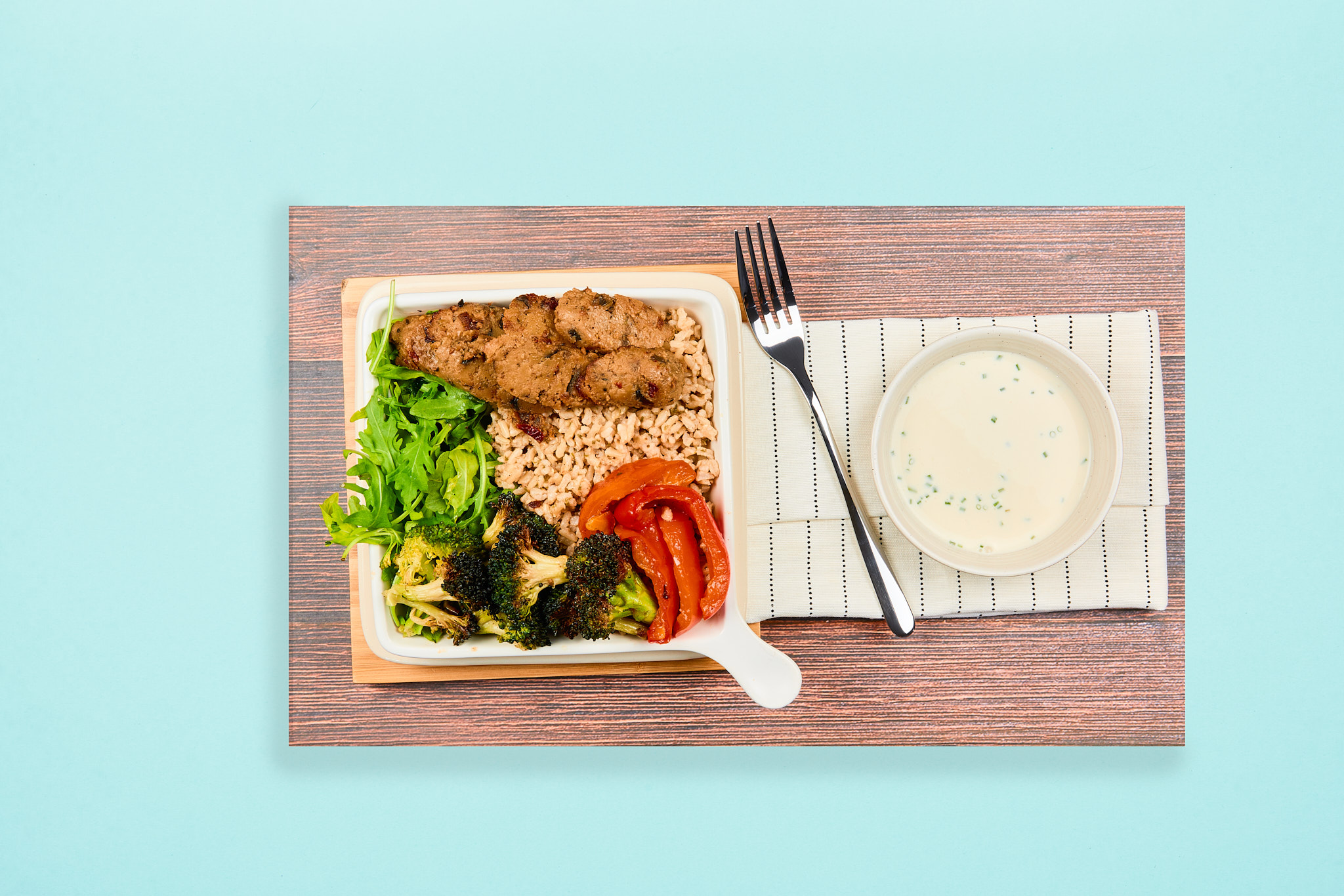 Vegan Sausage Bowl with Chive Cream Cheese Dip