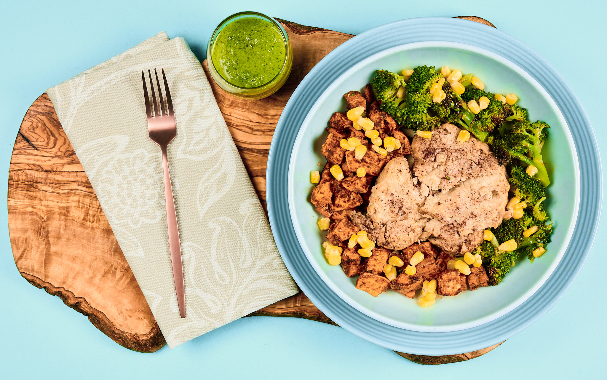 Sumac Seitan with Chimichurri On Roasted Sweet Potatoes