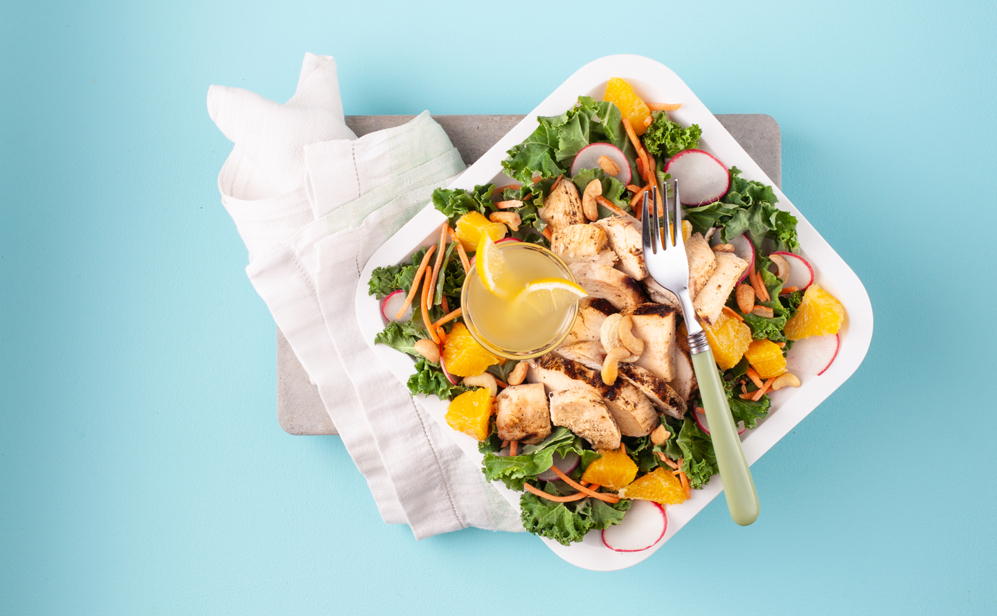Cashew Chicken Kale Salad with Lemon Poppy Seed Dressing