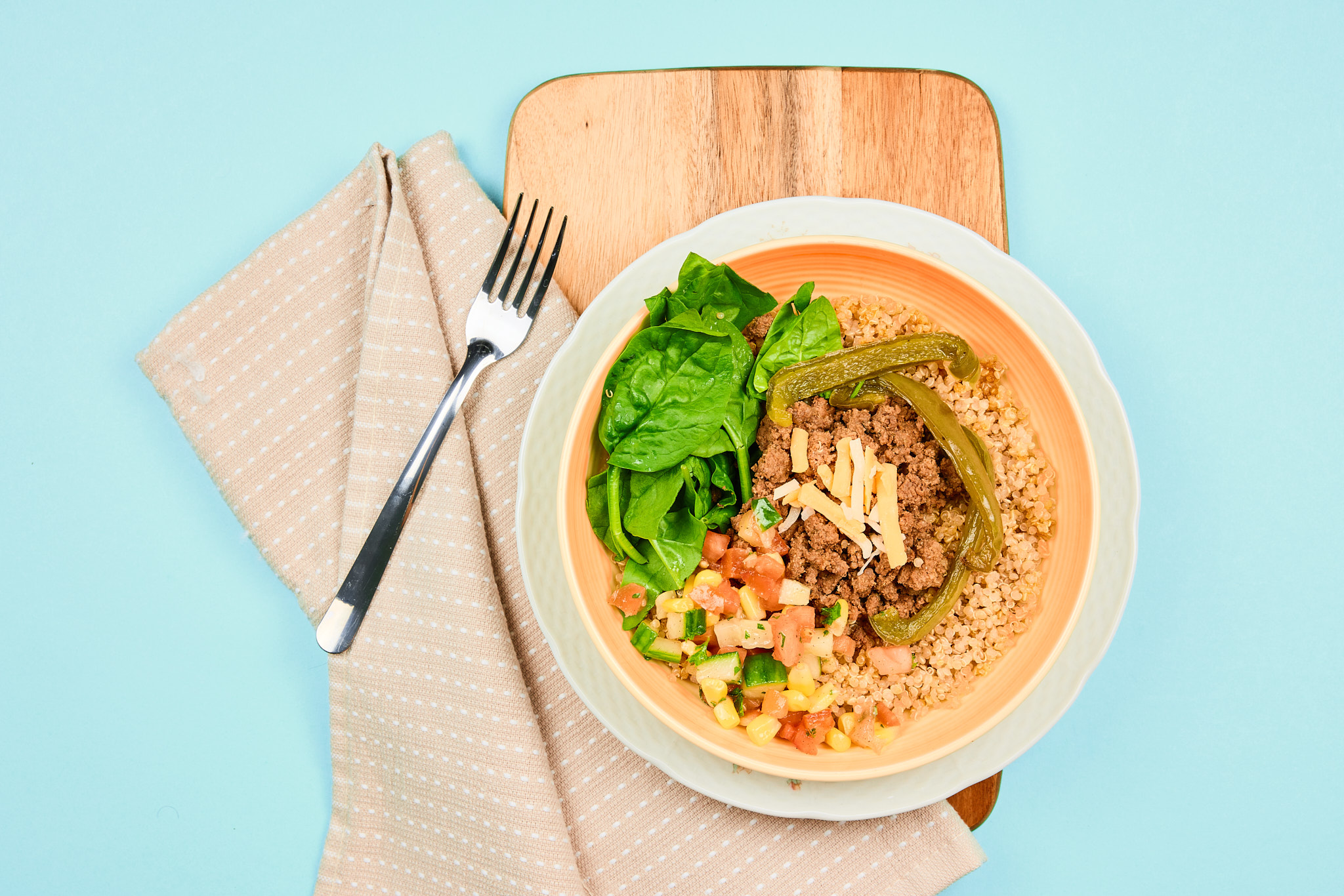 Cheesy Southwest Beef Bowl with Corn, Cucumber, Tomato Salad