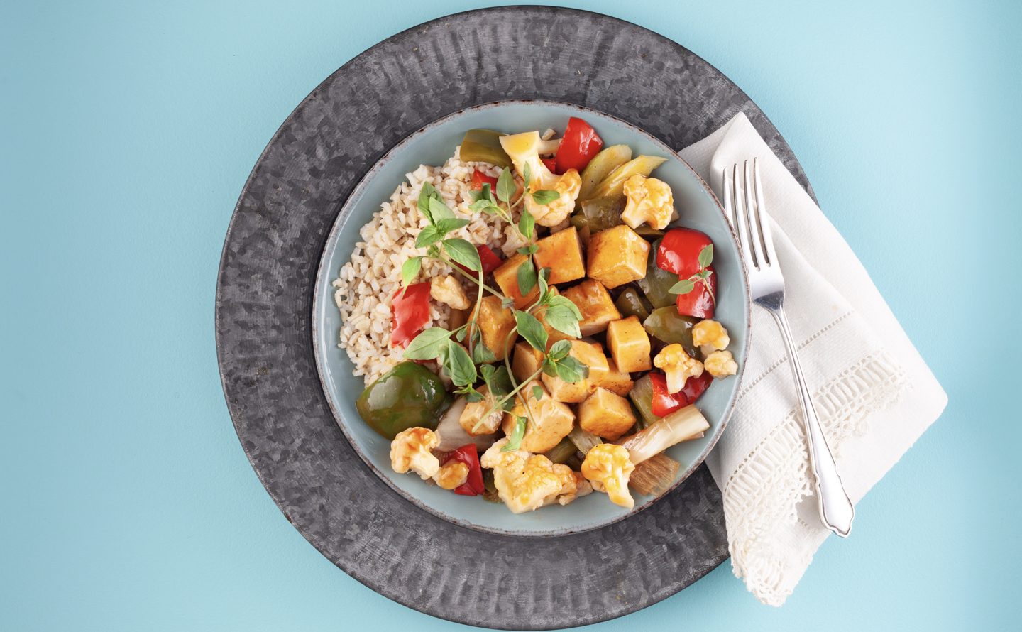 Sweet and Sour Tofu Bowl with Ginger Brown Rice
