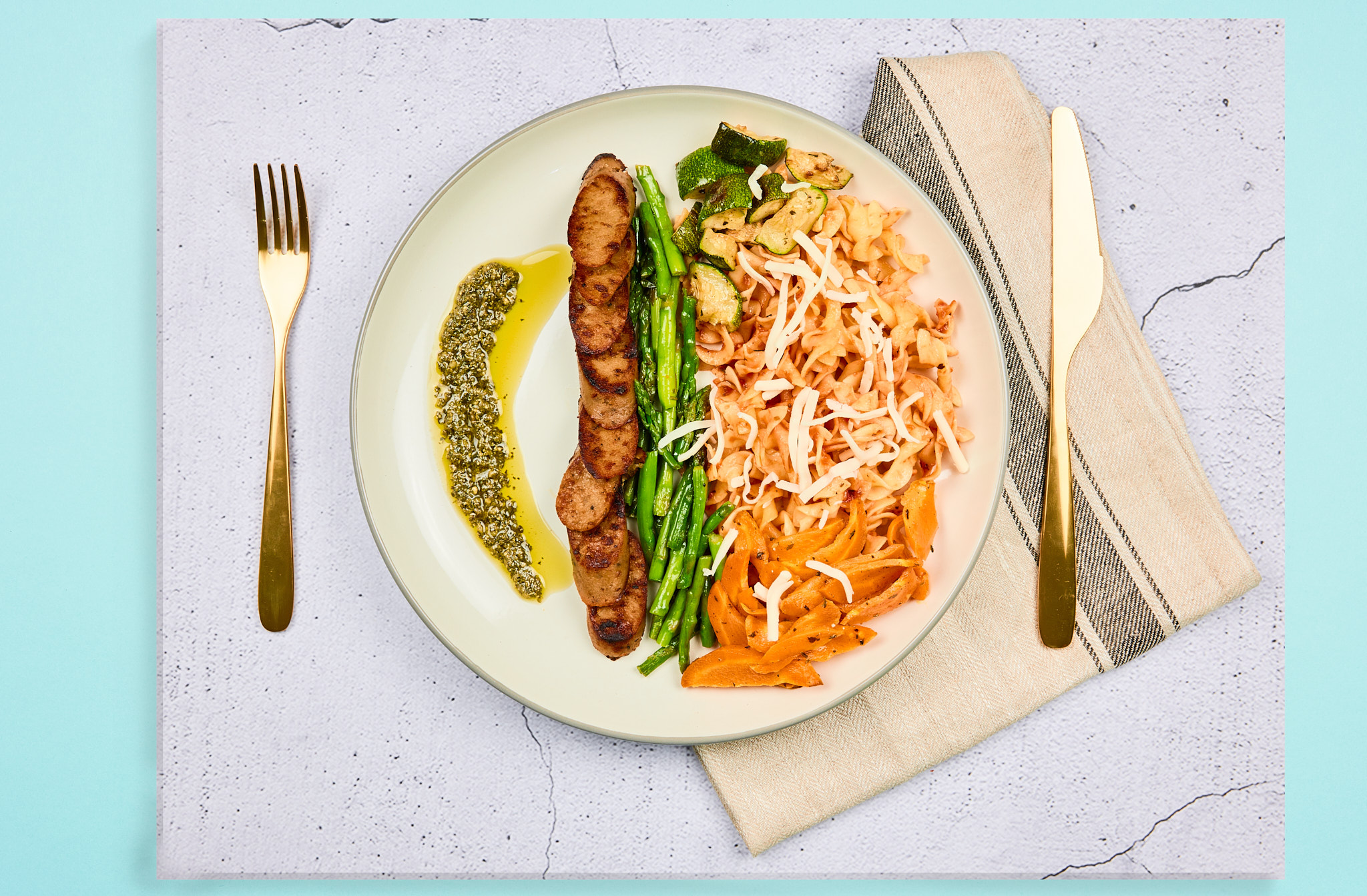 Vegan Sausage Primavera with Egg Noodles