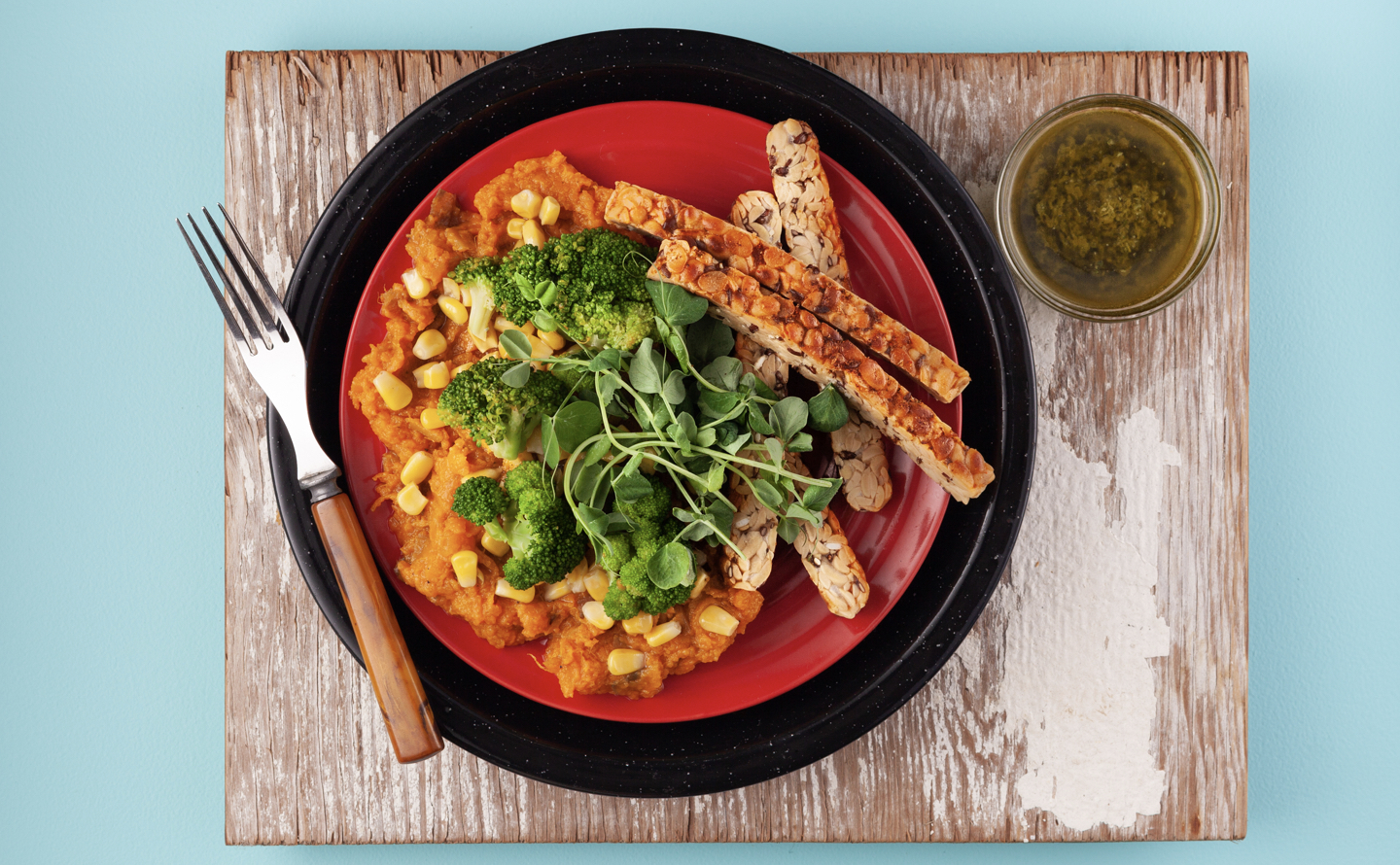 Smokey Tempeh Chimichurri Bowl with Sweet Potatoes