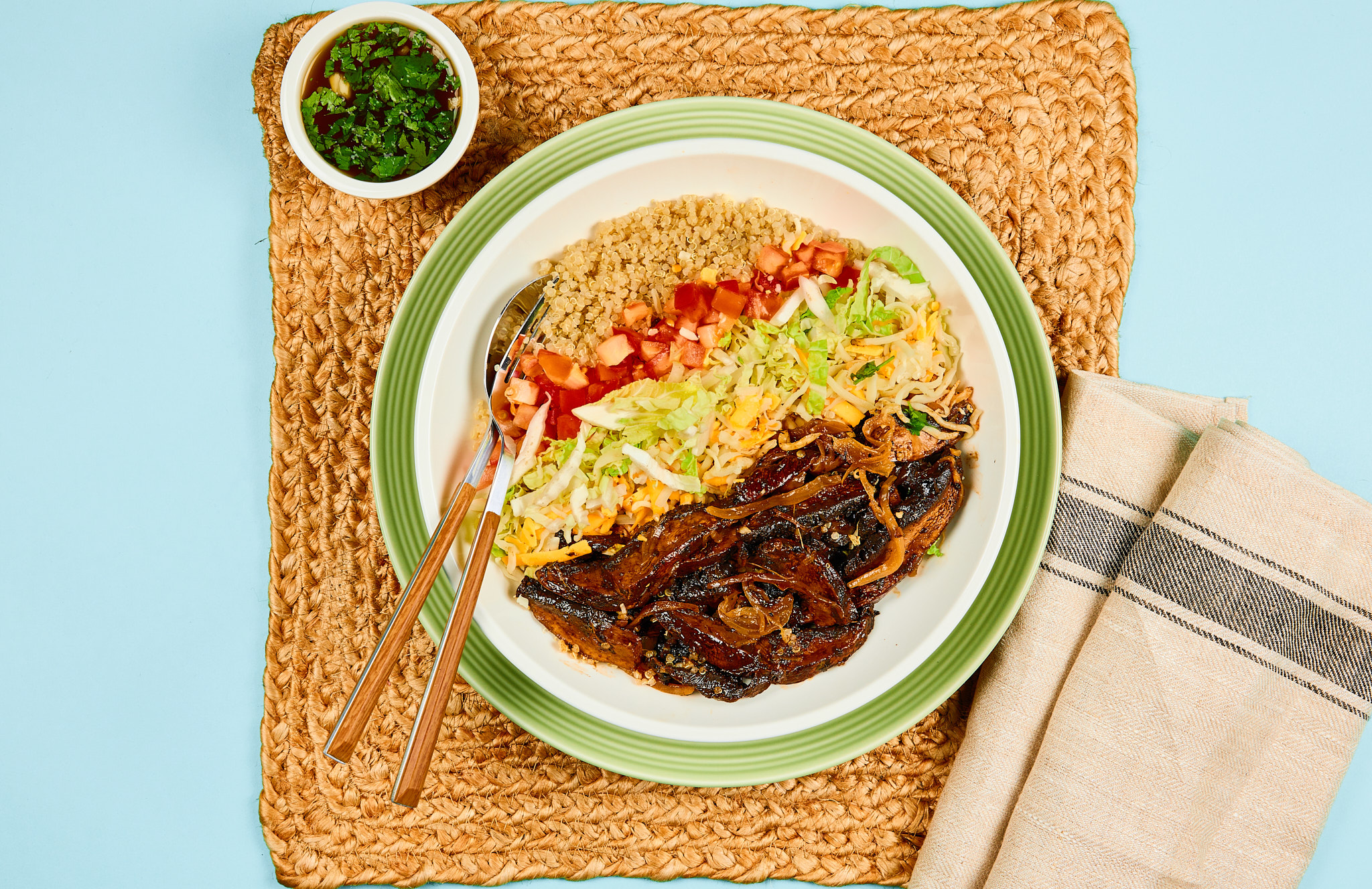 Portobello Mushroom Quesabirria Bowl with Spiced Veg Jus