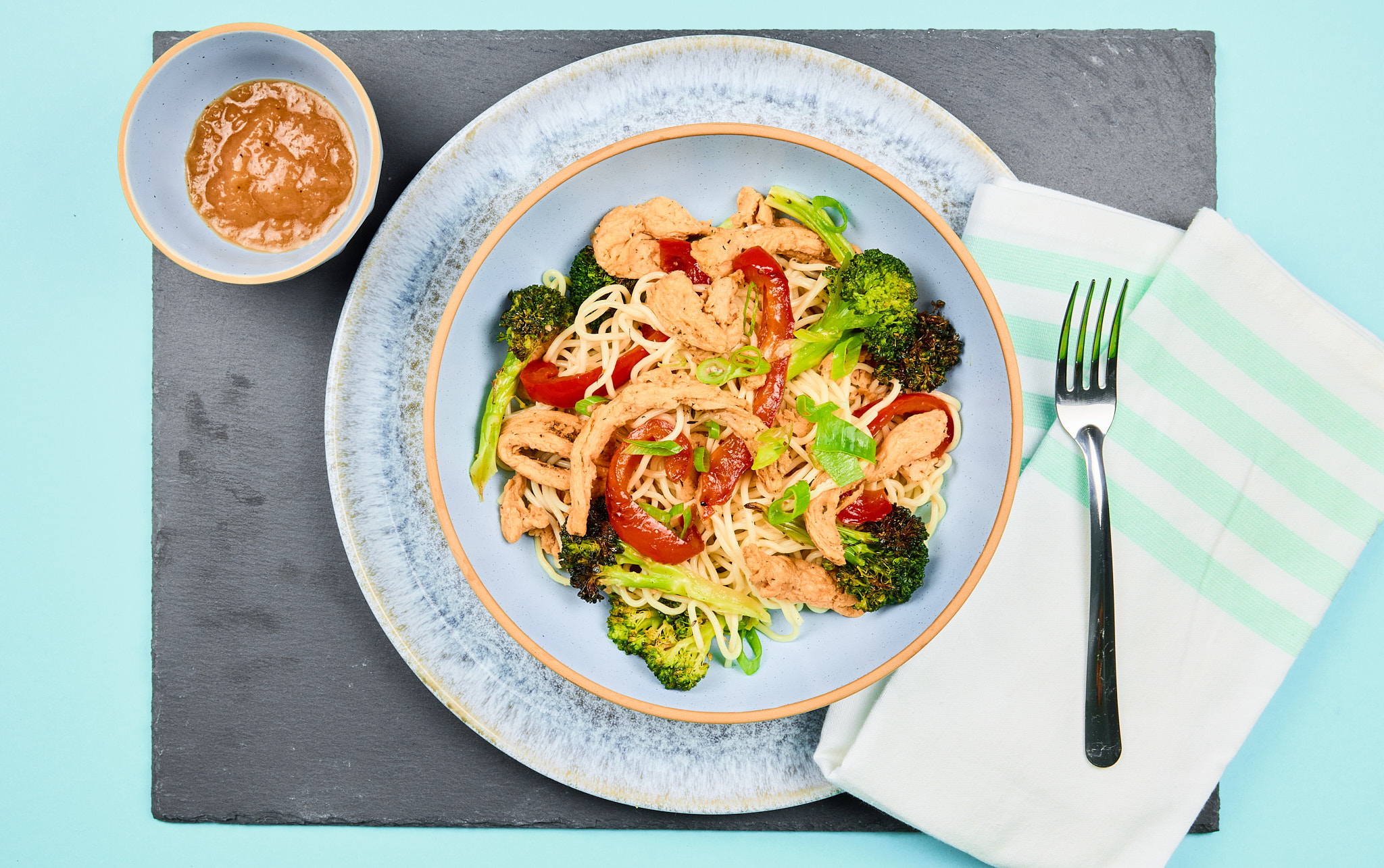 Soy Curls and Broccoli Lo Mein with Roasted Red Peppers