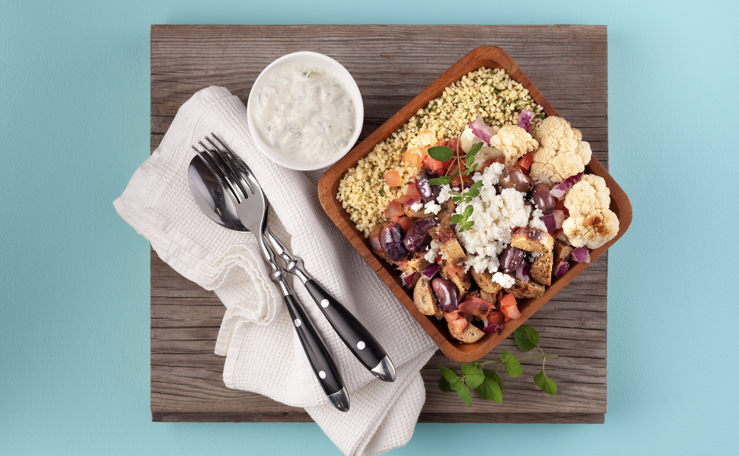 Greek Baked Chickpea Bowl with Tzatziki and Olive-tomato Salsa