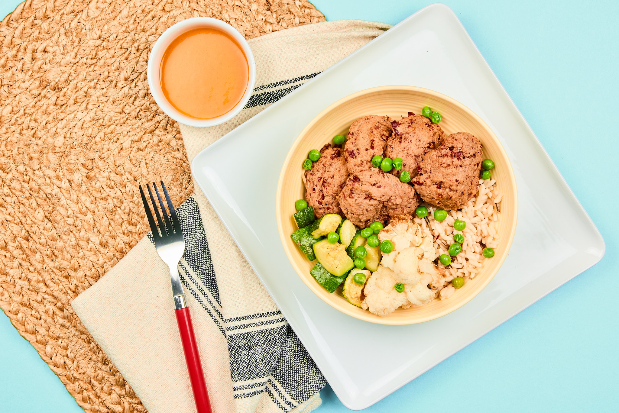 Spiced Kidney Bean Balls with Roasted Red Pepper Sauce