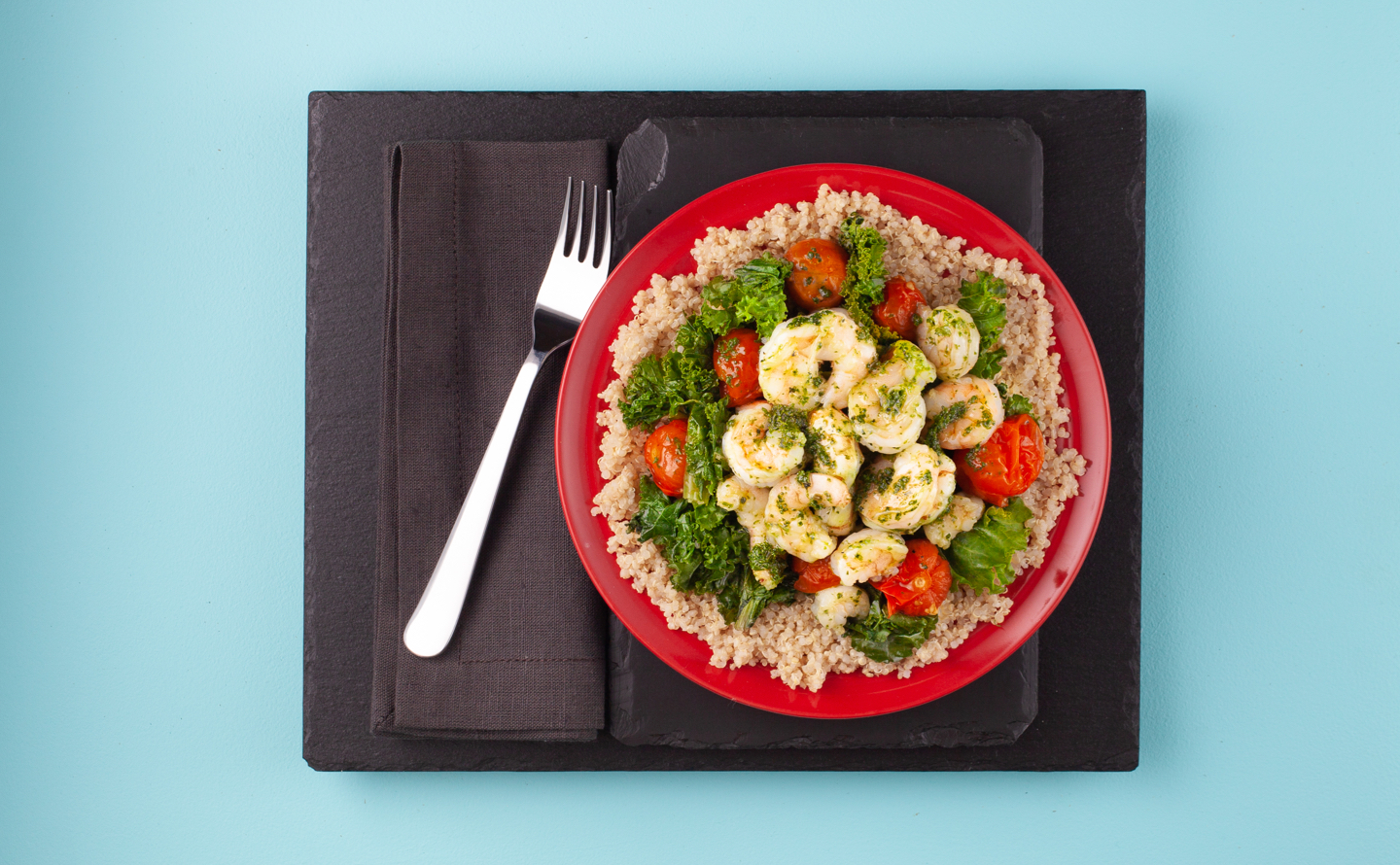 Pesto Shrimp Bowl On Lemon Quinoa